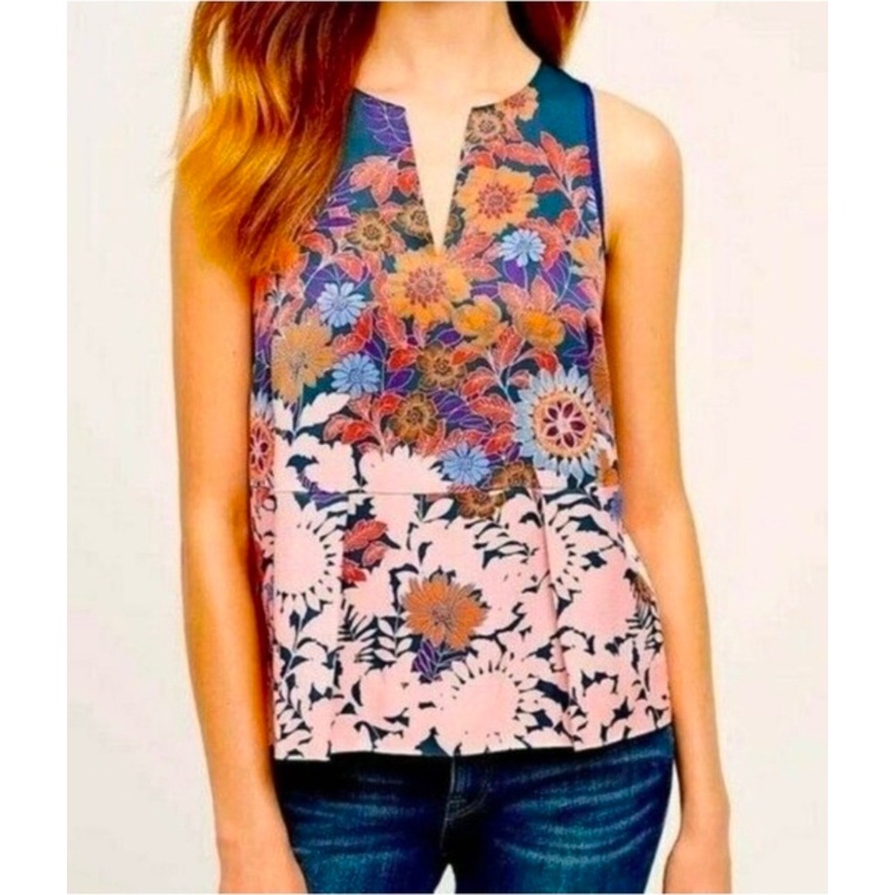 HD in Paris Anthropologie Floral Peplum Top Navy Pink Orange Sleeveless Blouse 4